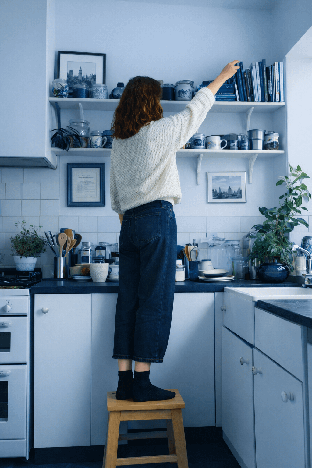 A woman standing on a stool in a kitchen, reaching for an item on a high shelf.