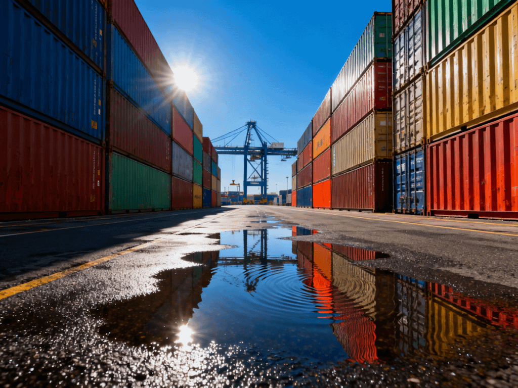 A vibrant shipping yard with colorful stacked containers, a reflective puddle, and a crane under bright sunlight.
