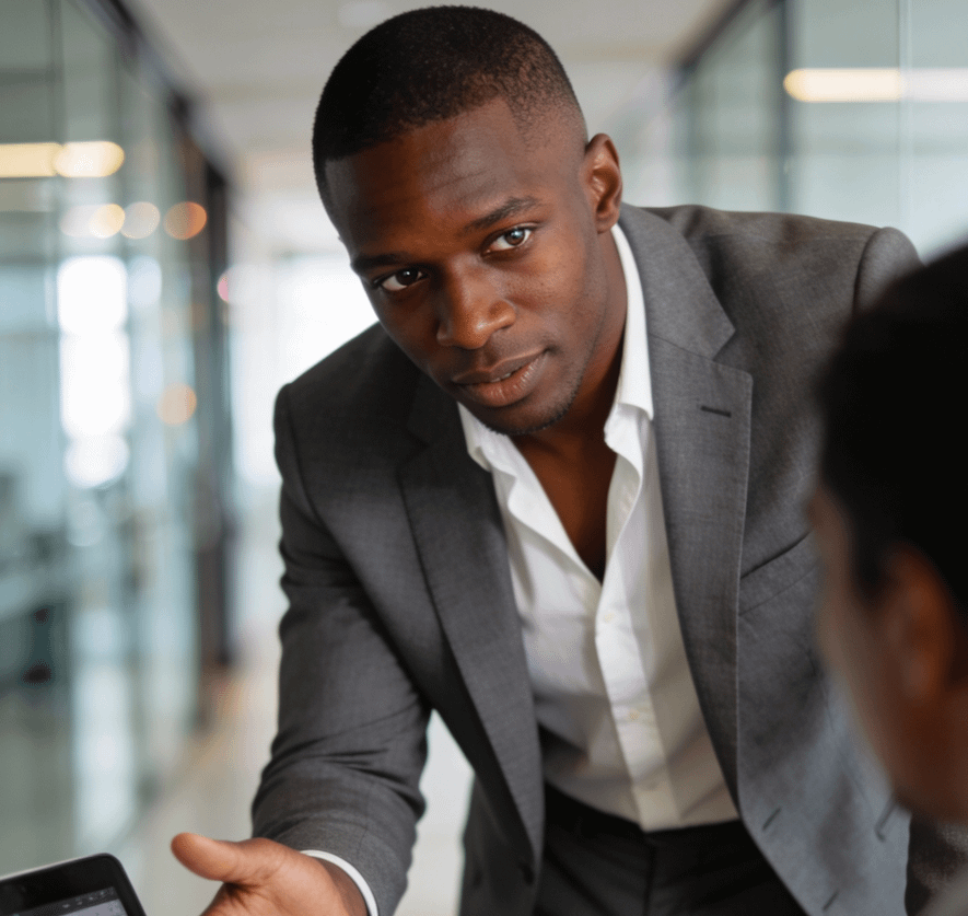 A professional man in a gray suit discusses something on a laptop screen in a modern office setting.