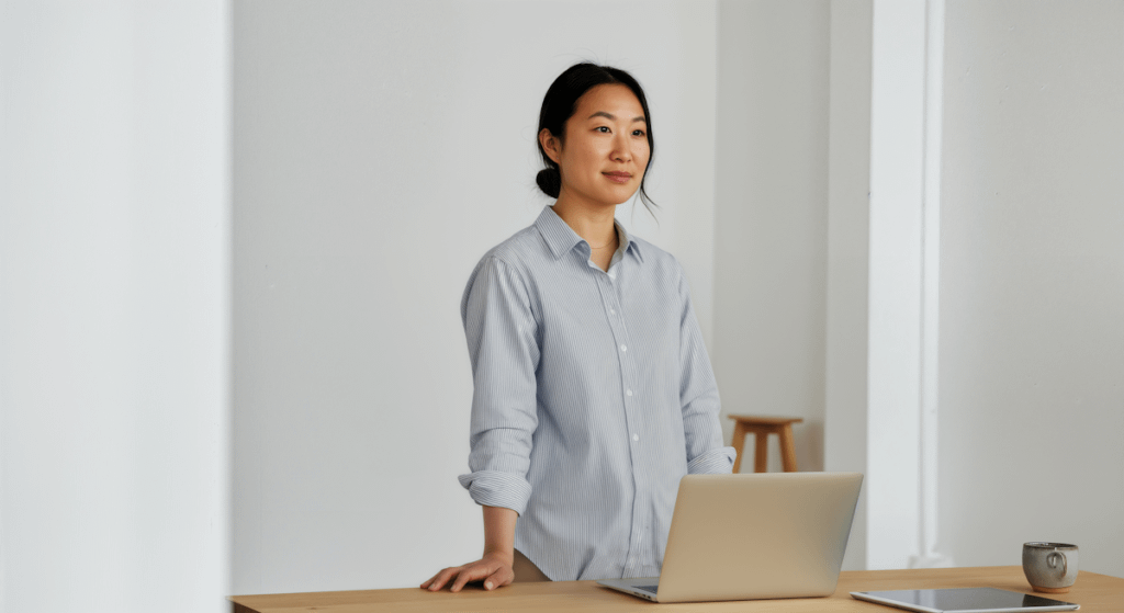 A woman in a light blue shirt stands at a desk with a laptop, mug, and tablet, in a minimalist, well-lit room.