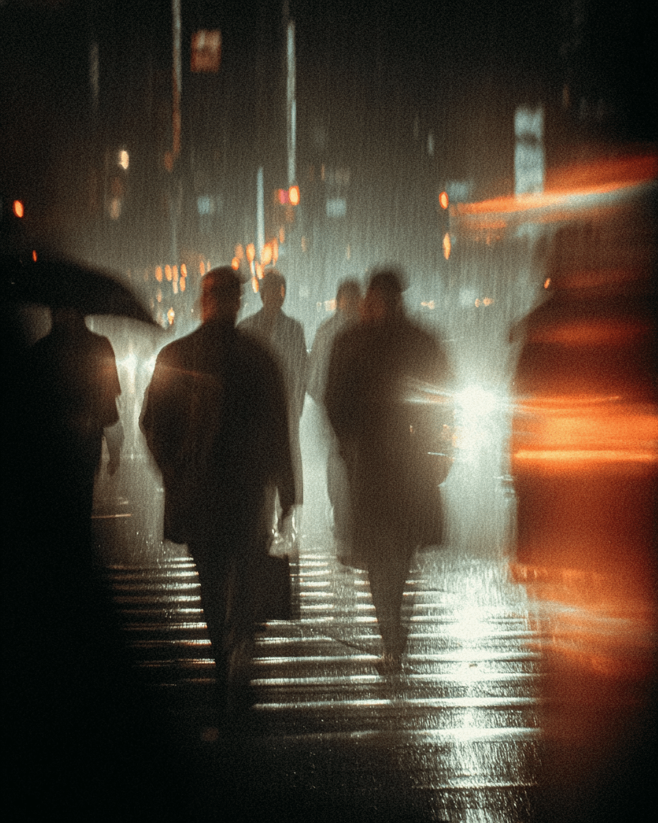 A rainy city street at night with blurred silhouettes of pedestrians and glowing lights reflecting on the wet pavement.