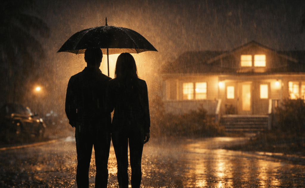 A silhouetted couple stands under an umbrella in heavy rain, looking at their warmly lit house with reflections glowing across the wet driveway.