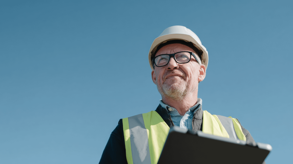 A construction worker in a hard hat and safety vest holding a clipboard under a clear blue sky.