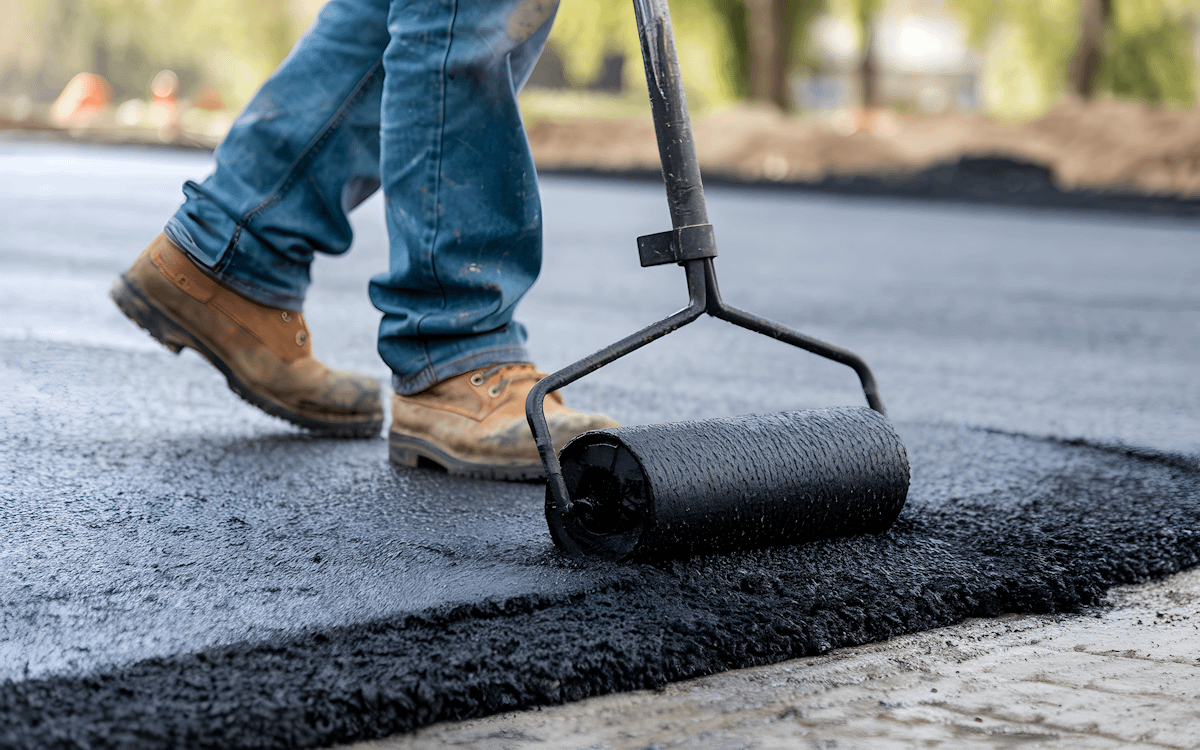 Construction worker smoothing fresh asphalt with a roller, wearing jeans and brown boots. Outdoor roadwork scene with blurred background.