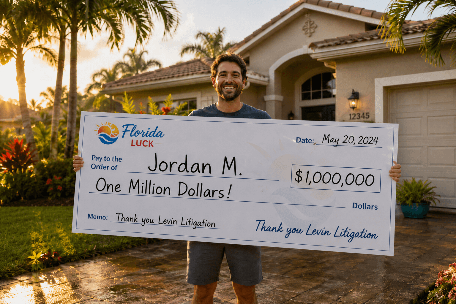 AI-generated image of a smiling person standing in front of a Florida-style home while holding an oversized ceremonial cheque that reads “Thank you Levin Litigation,” with palm trees, tropical landscaping, and warm golden-hour lighting in the background.
