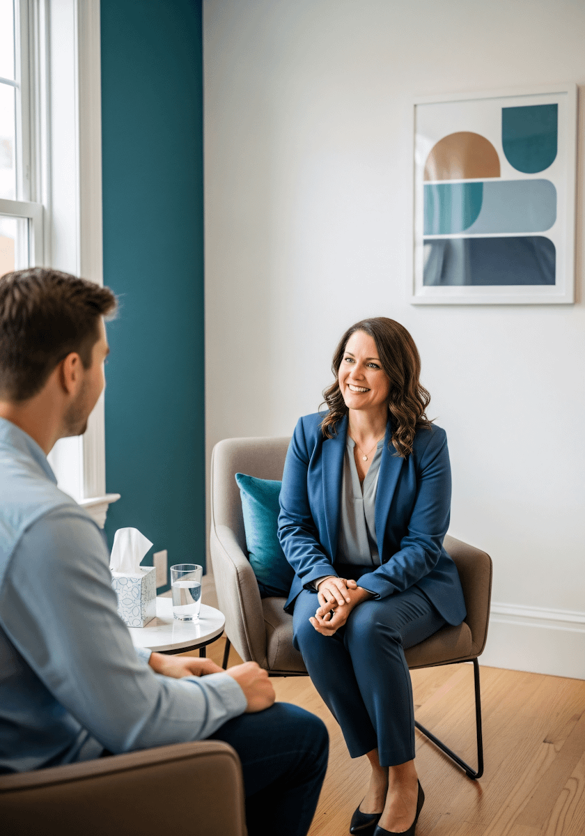 A professional woman in a blue suit smiles warmly during a conversation in a modern, well-lit office with a teal accent wall.