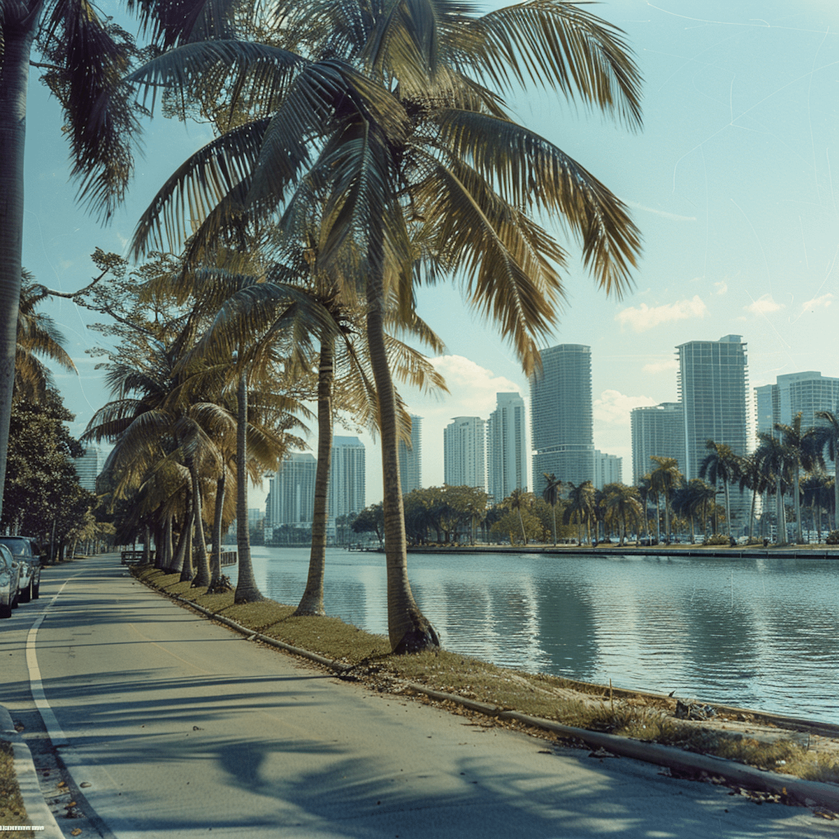 Palm-lined road with skyscrapers in the background, reflecting in a calm waterway under a clear blue sky.