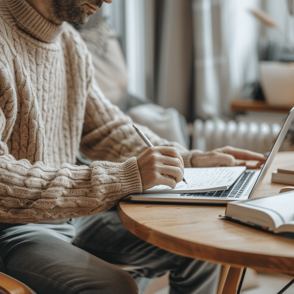 Man in a beige sweater writing in a notebook while using a laptop at a wooden table, with an open book nearby in a cozy setting.