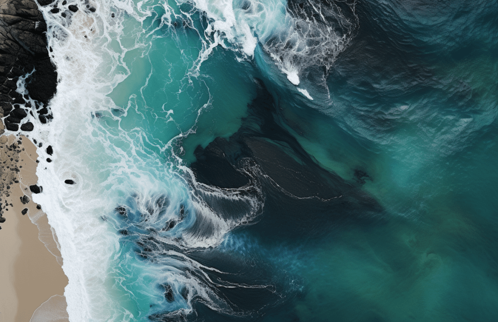 Aerial view of turquoise waves crashing on a sandy beach with dark rocks, creating a vibrant and dynamic coastal scene.