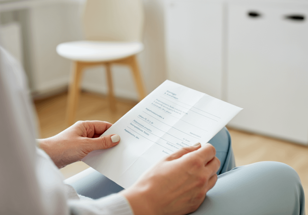 A person holding a document in a bright, professional setting, with a white chair and cabinet in the background.