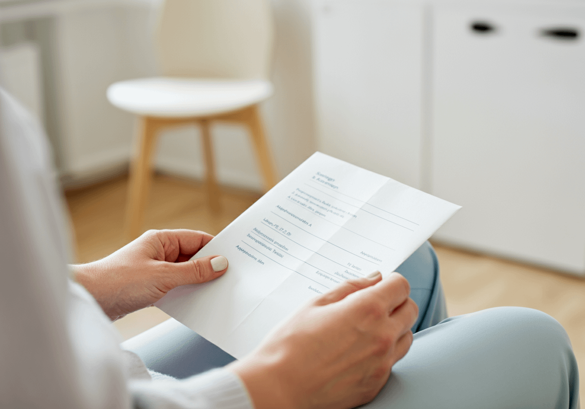 A person holding a document in a bright, professional setting, with a white chair and cabinet in the background.