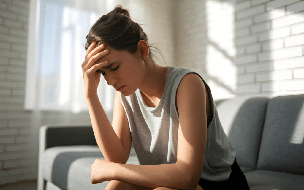 A young woman sits on a couch, looking distressed, with sunlight streaming through a window in a bright, minimalist room.
