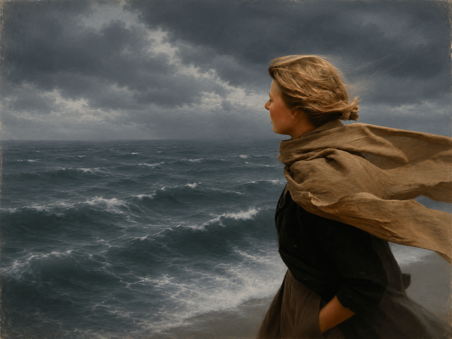 Side profile of a woman with a flowing brown scarf in the wind, set against a muted grayish-blue background. S