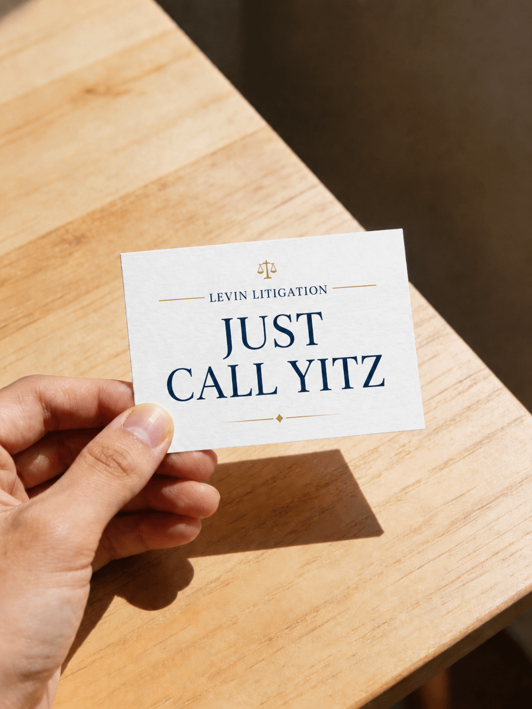 Hand holding a branded Levin Litigation card that says “Just Call Yitz” over a wooden table in warm natural light.